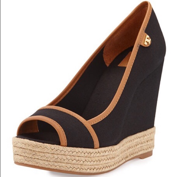 Tory Burch Shoes - Tory Burch Majorca Peep Toe Canvas Wedge Black/Tan